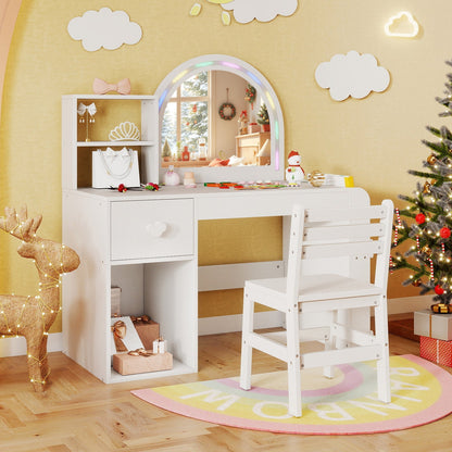 Kids Vanity Table and Chair Set with Lighted Mirror for Kids Aged 3+ Years Old