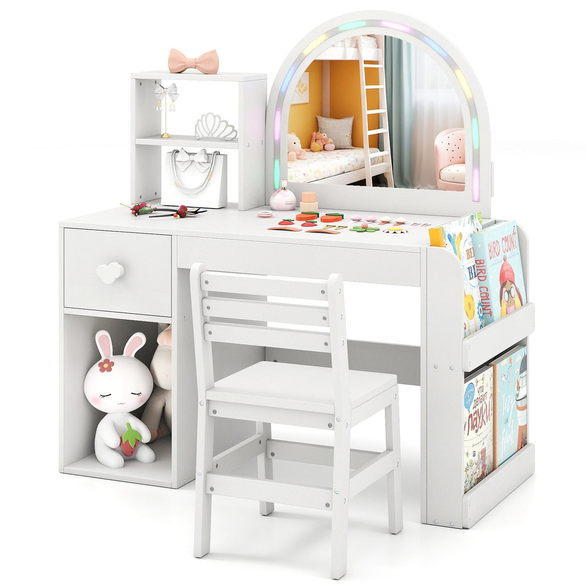Kids Vanity Table and Chair Set with Lighted Mirror for Kids Aged 3+ Years Old