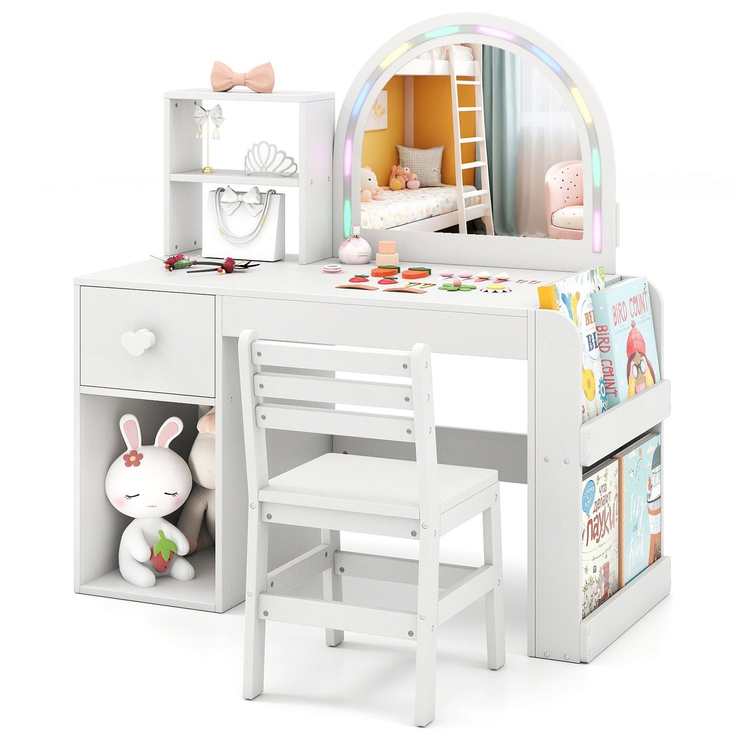 Kids Vanity Table and Chair Set with Lighted Mirror for Kids Aged 3+ Years Old