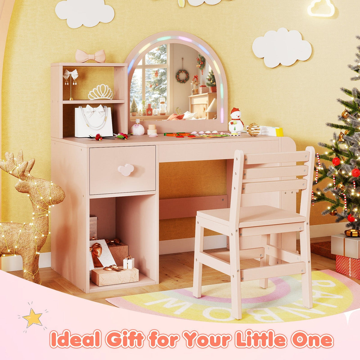 Kids Vanity Table and Chair Set with Lighted Mirror for Kids Aged 3+ Years Old