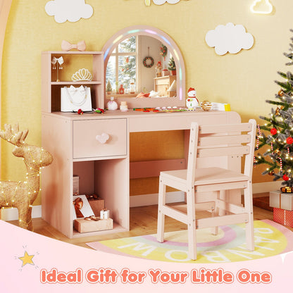 Kids Vanity Table and Chair Set with Lighted Mirror for Kids Aged 3+ Years Old