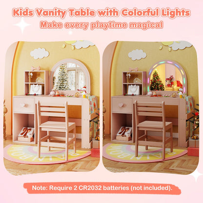 Kids Vanity Table and Chair Set with Lighted Mirror for Kids Aged 3+ Years Old