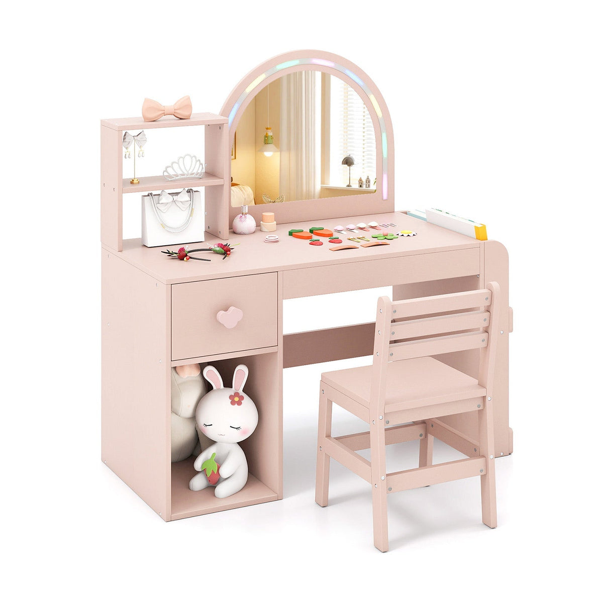 Kids Vanity Table and Chair Set with Lighted Mirror for Kids Aged 3+ Years Old