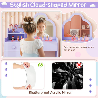Kids Vanity Table and Chair Set with Cloud-shaped Mirror and Open Shelf-Purple