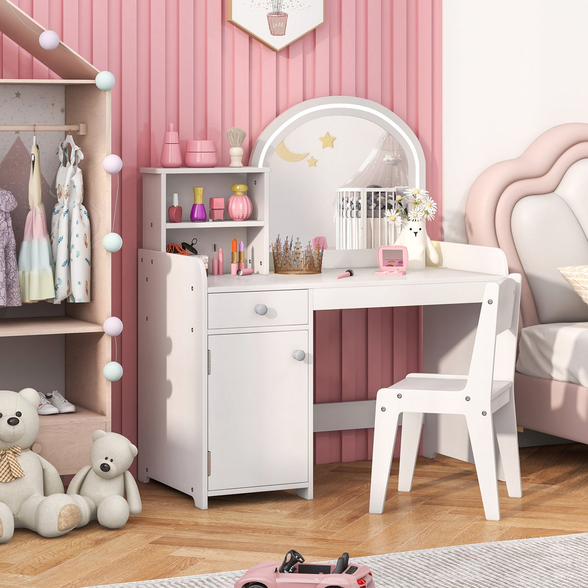Kids Vanity Table and Chair Set with Shelves Drawer and Cabinet-White