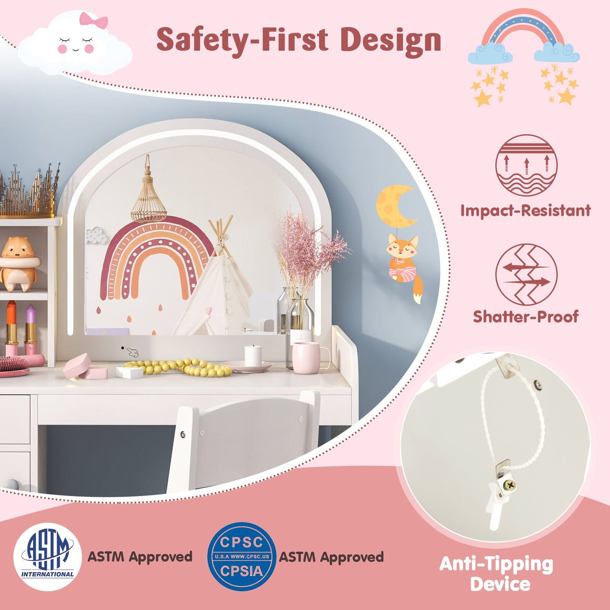 Kids Vanity Table and Chair Set with Shelves Drawer and Cabinet-White