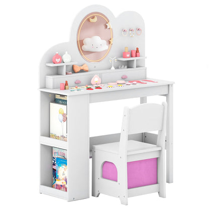 Kids Vanity with Lights Princess Vanity Table and Chair Set with 2 Drawers and 2-Tier Bookshelf