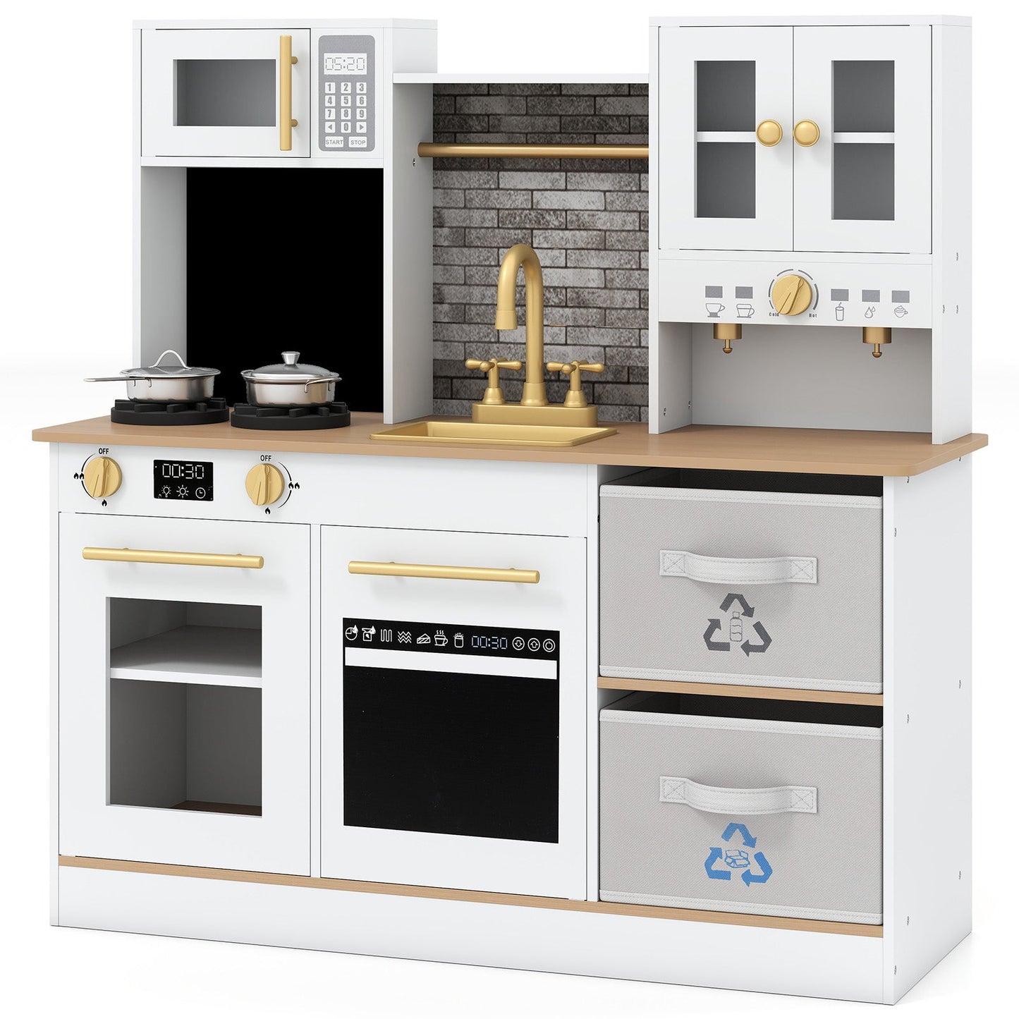 Kids Wooden Kitchen Playset with Stoves Sound Light for 3+ Years Old-White