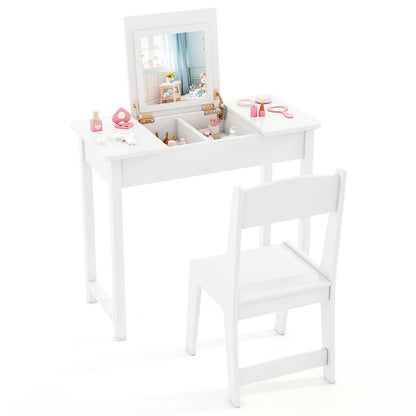 2-in-1 Kids Vanity Makeup Table and Chair Set with Flip Top Mirror-White
