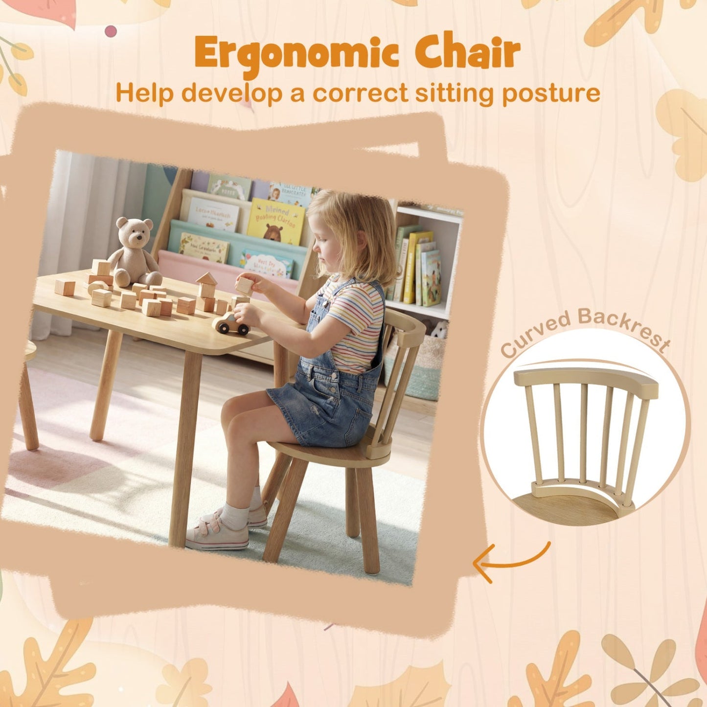 Kids Wooden Table and Chairs Set 3-Piece Toddler Furniture with Pine Wood Frame