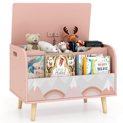 Kids Wooden Toy Box with Front Bookshelf and 4 Solid Wood Legs for Playroom