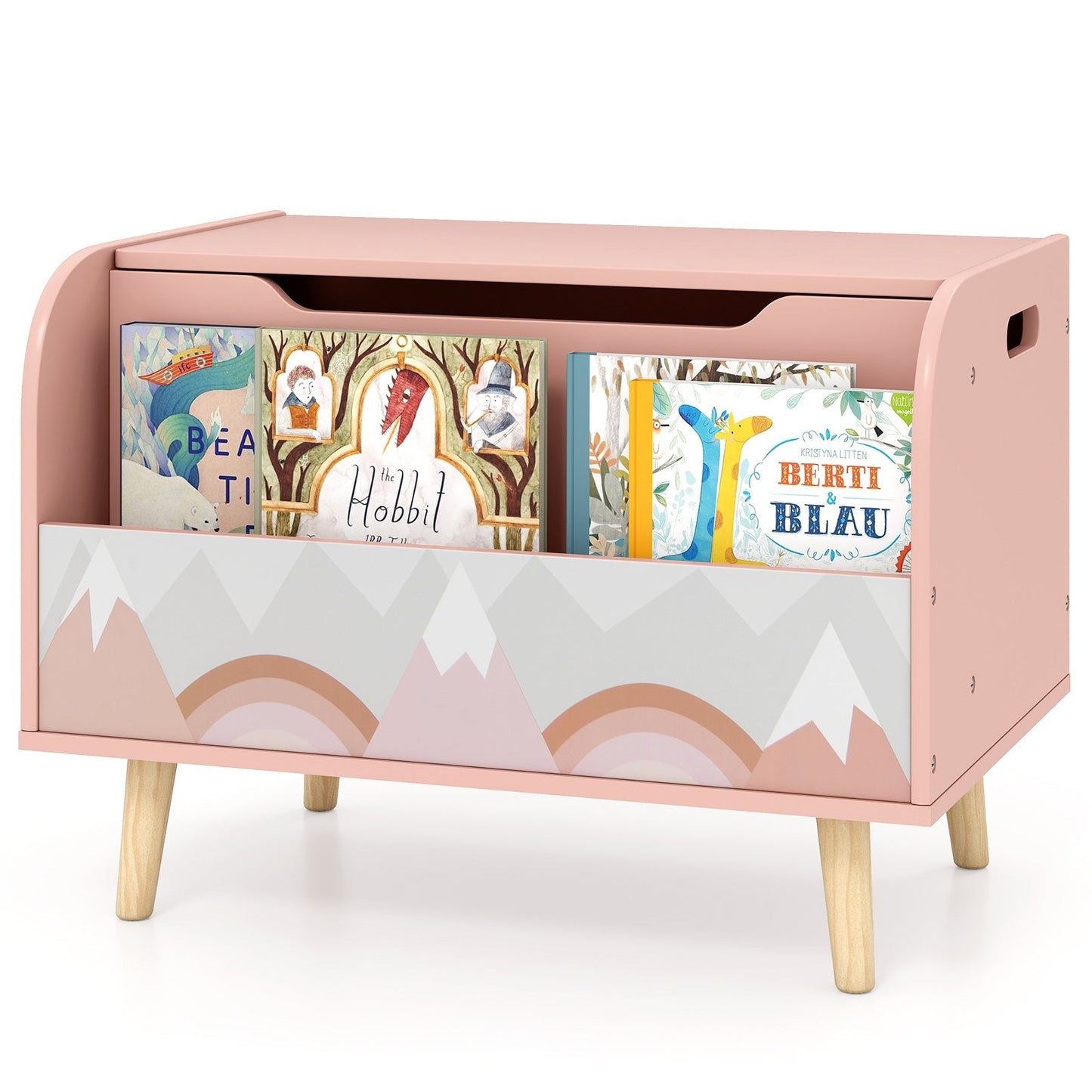 Kids Wooden Toy Box with Front Bookshelf and 4 Solid Wood Legs for Playroom