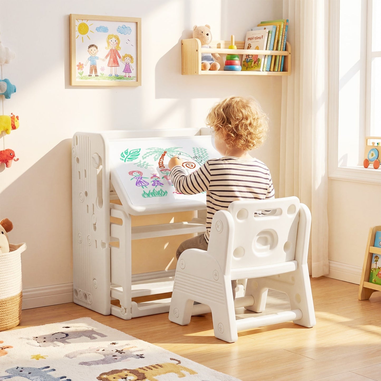 Kids Writing Desk and Chair Set with Side Bookshelves
