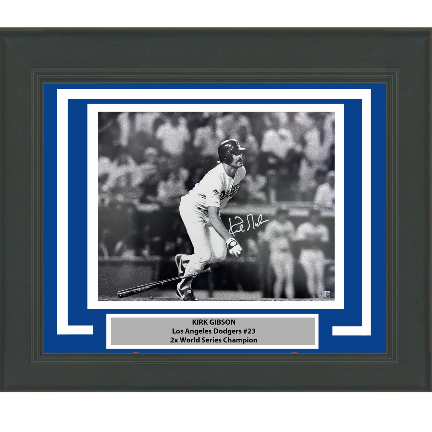 Framed Autographed/Signed Kirk Gibson Los Angeles Dodgers 1988 World Series Walk Off Home Run 16x20 Baseball Black & White Photo Beckett BAS COA