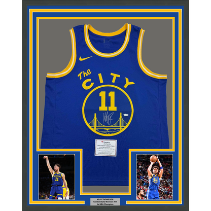 Framed Autographed/Signed Klay Thompson 35x39 Golden State Warriors Blue Basketball Jersey Fanatics COA