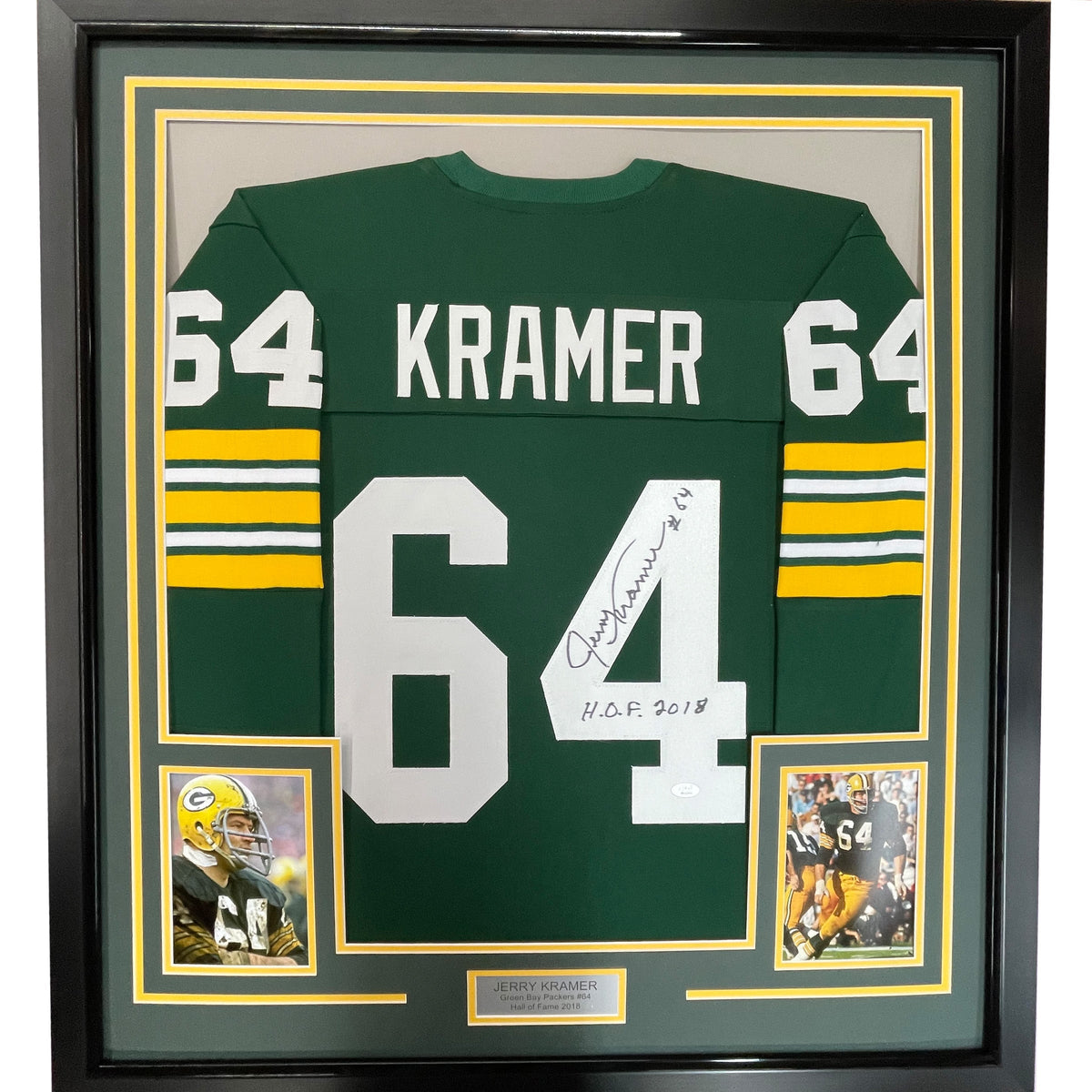Framed Autographed/Signed Jerry Kramer HOF 2018 35x39 Green Bay Green Football Jersey JSA COA