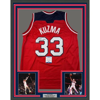 Framed Autographed/Signed Kyle Kuzma 35x39 Washington Red Basketball Jersey Beckett BAS COA