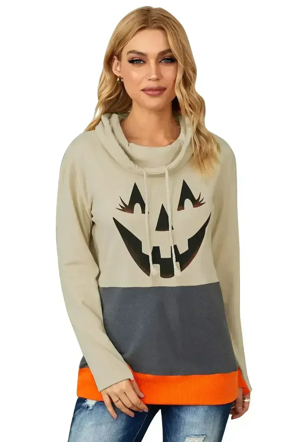 Gray Cowl Neck Pumpkin Print Color Block Halloween Sweatshirt
