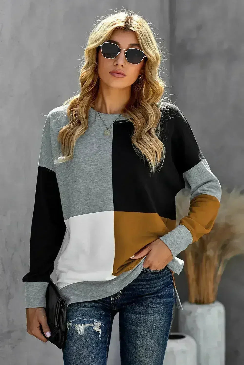 Women's Gray Color Block Round Neck Long Sleeves Pullover Sweatshirt