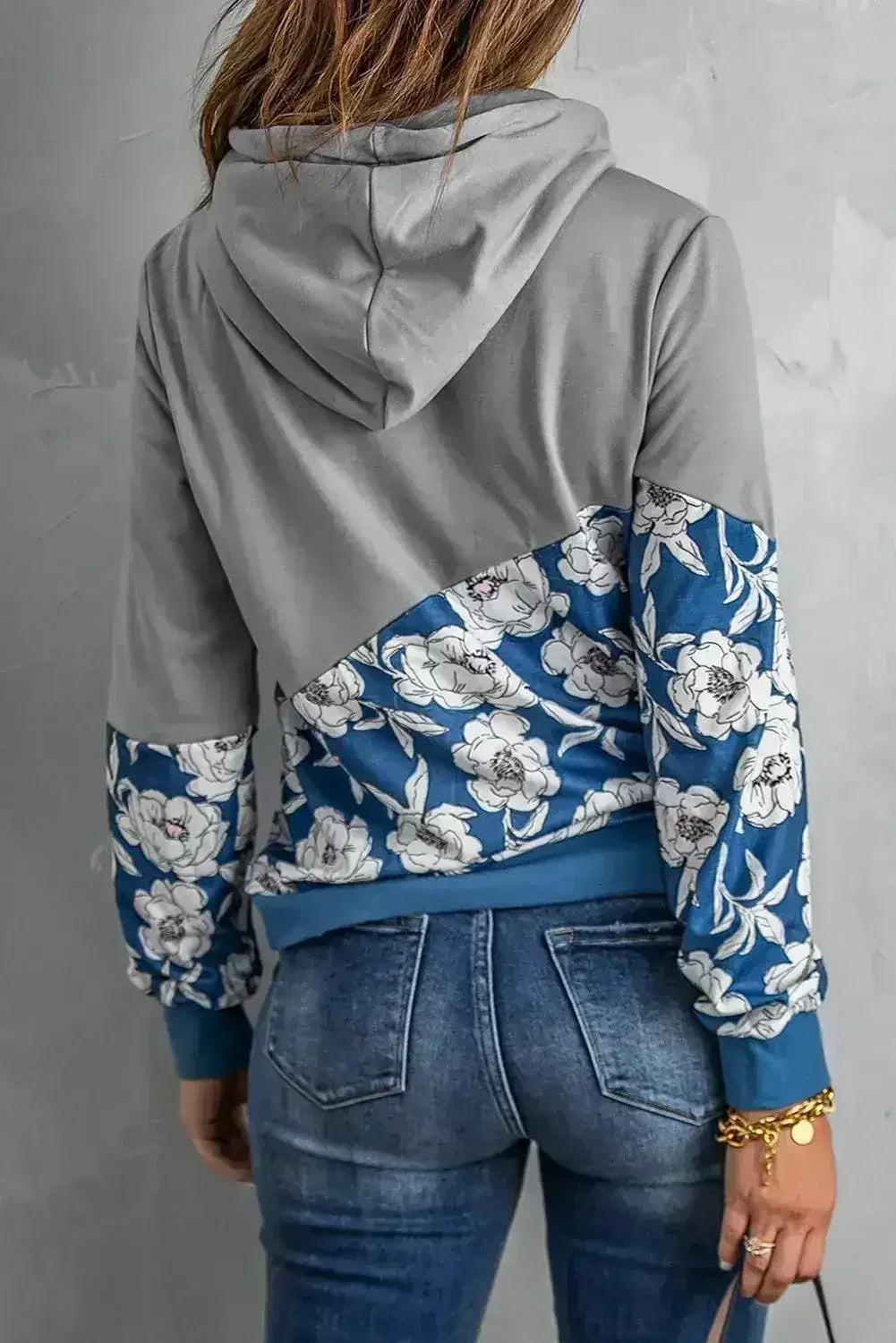 Women's Gray Floral Splicing Cowl Neck Hoodie