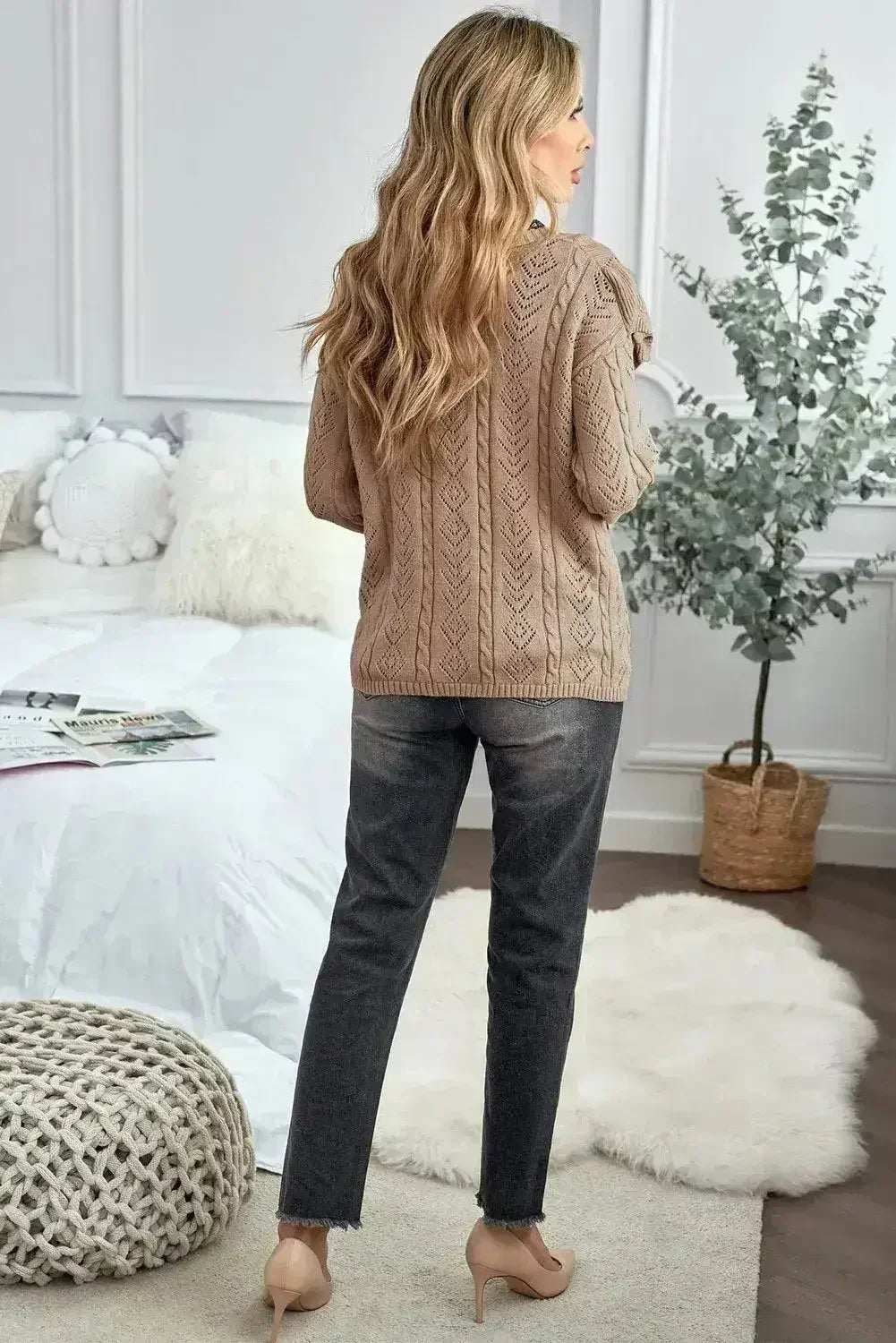 Khaki Ruffled Knit Sweater - Button Front V-Neck Cardigan | Femstylo