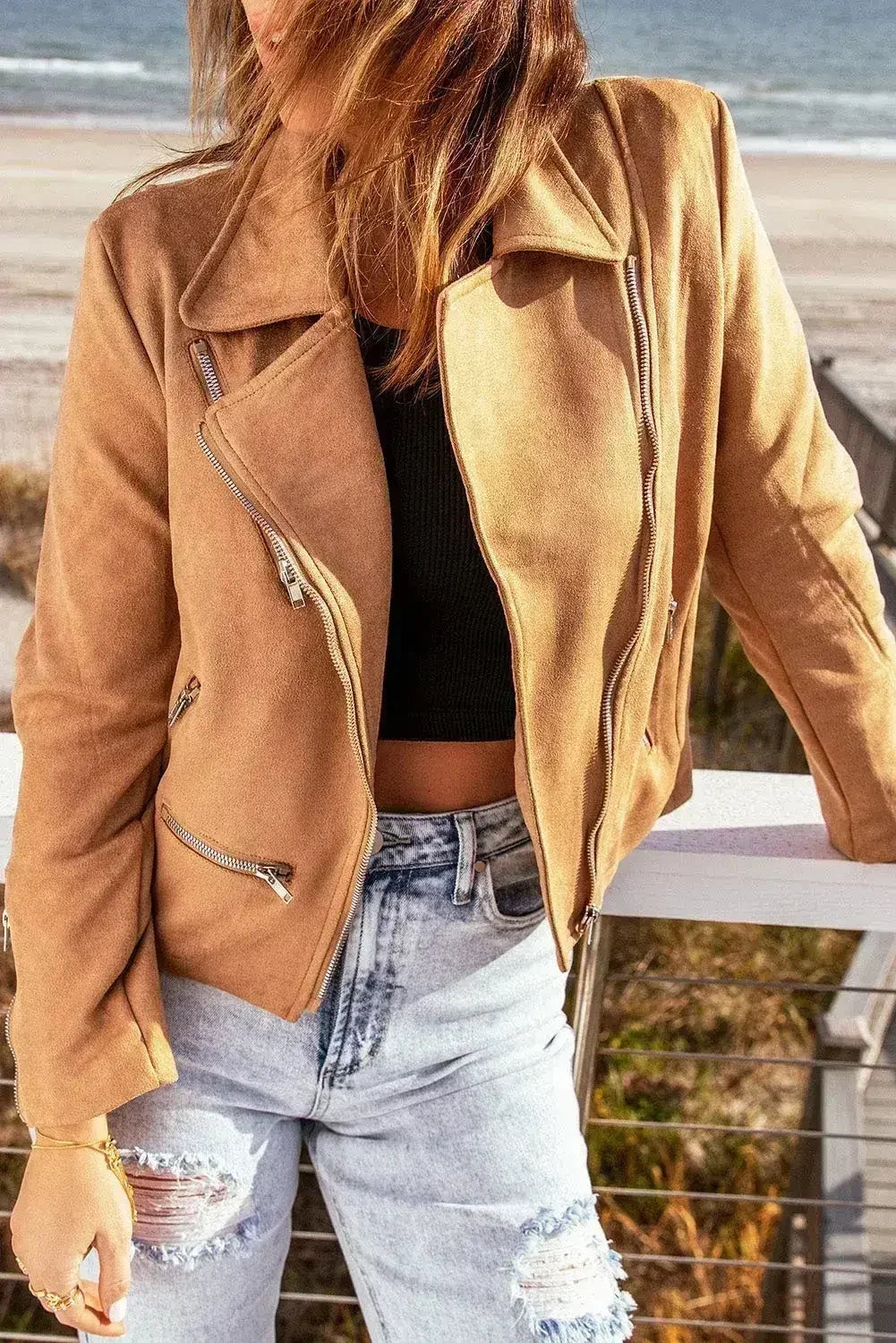 Brown Notch Collar Jacket - Classic Zippered Short Coat for Women | Femstylo