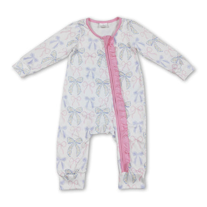 Long sleeves pink ruffle bow baby girls zipper romper