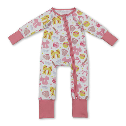 Long sleeves pink bow softball baby girls zipper romper