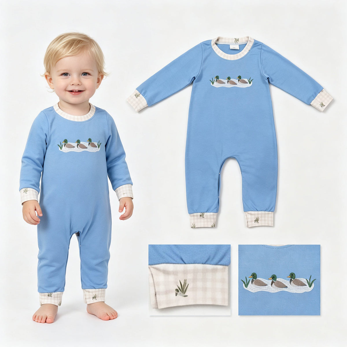 Long sleeves duck embroidery baby boy romper