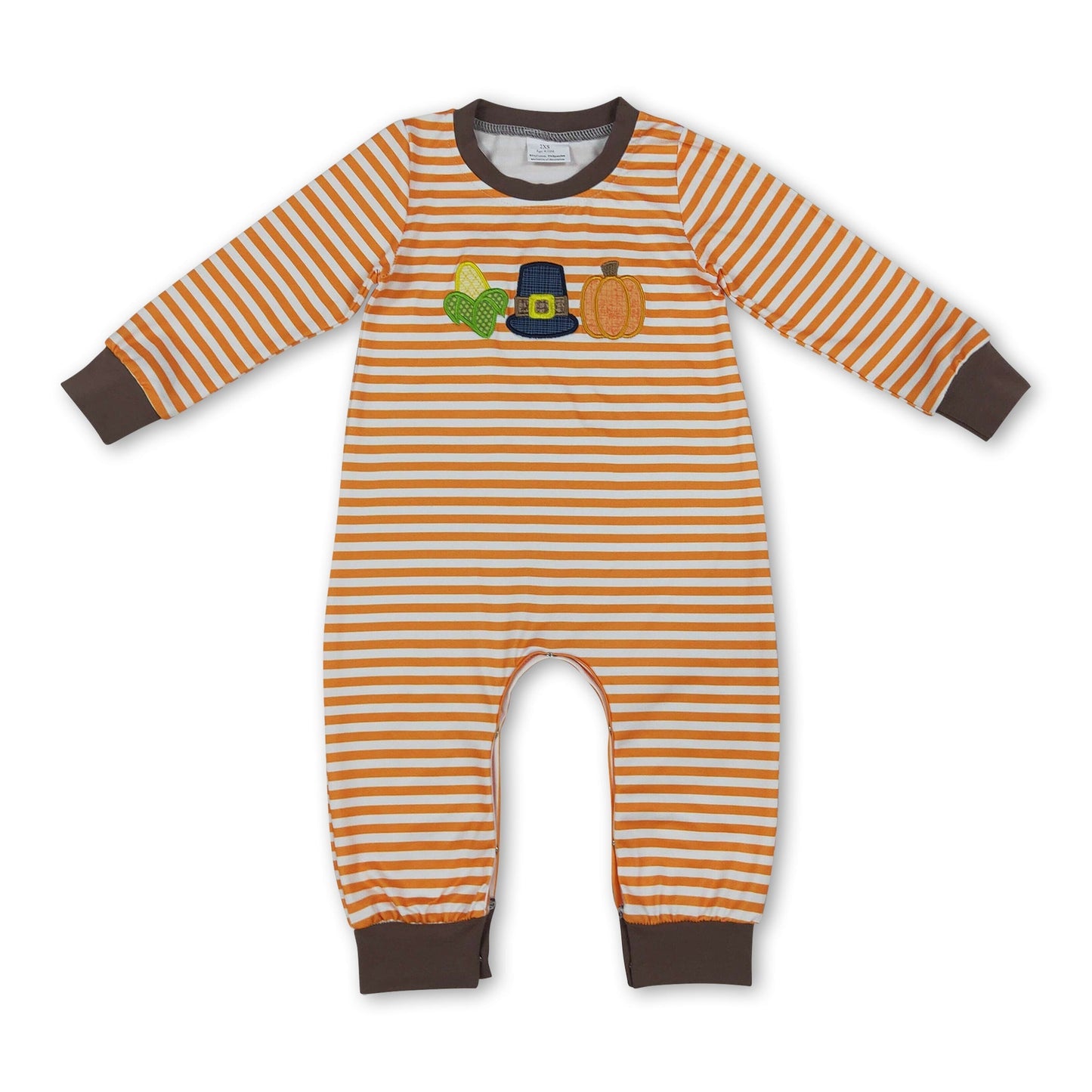 Corn pumpkin embroidery stripe baby boy fall romper