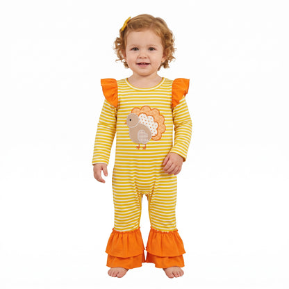 Stripe turkey embroidery girls Thanksgiving romper