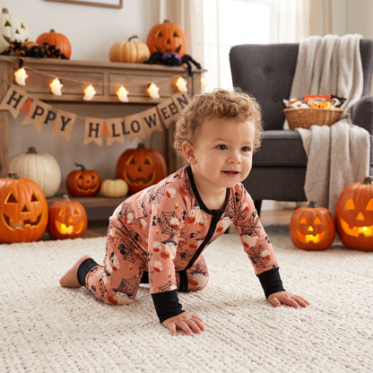 Pumpkin ghost baby boy Halloween zipper romper