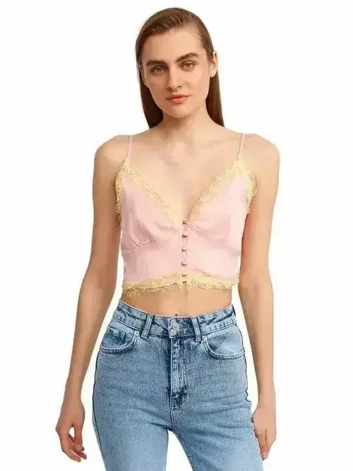 Lace Detail Crop Top | Rayon-Viscose Blend | Feminine Style