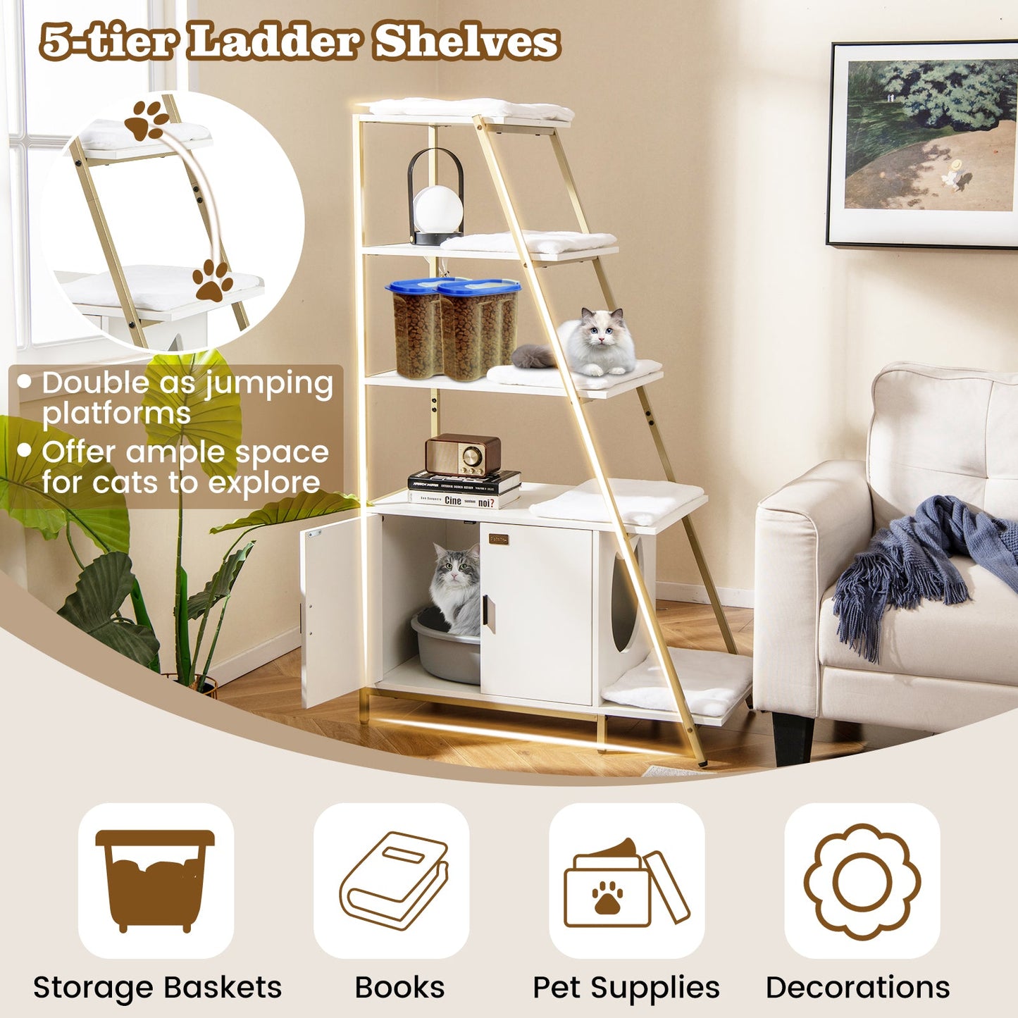 Large Cat Litter Box Enclosure with Storage and Ladder Shelf-White