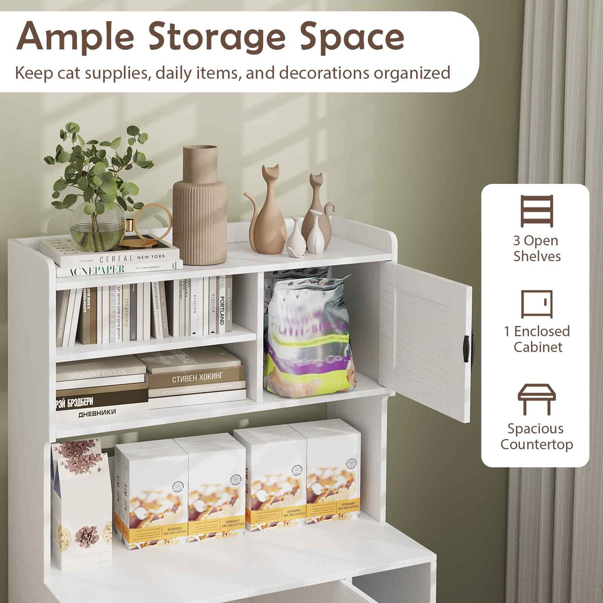Large Cat Litter Box Enclosure with Display Storage Shelves-White