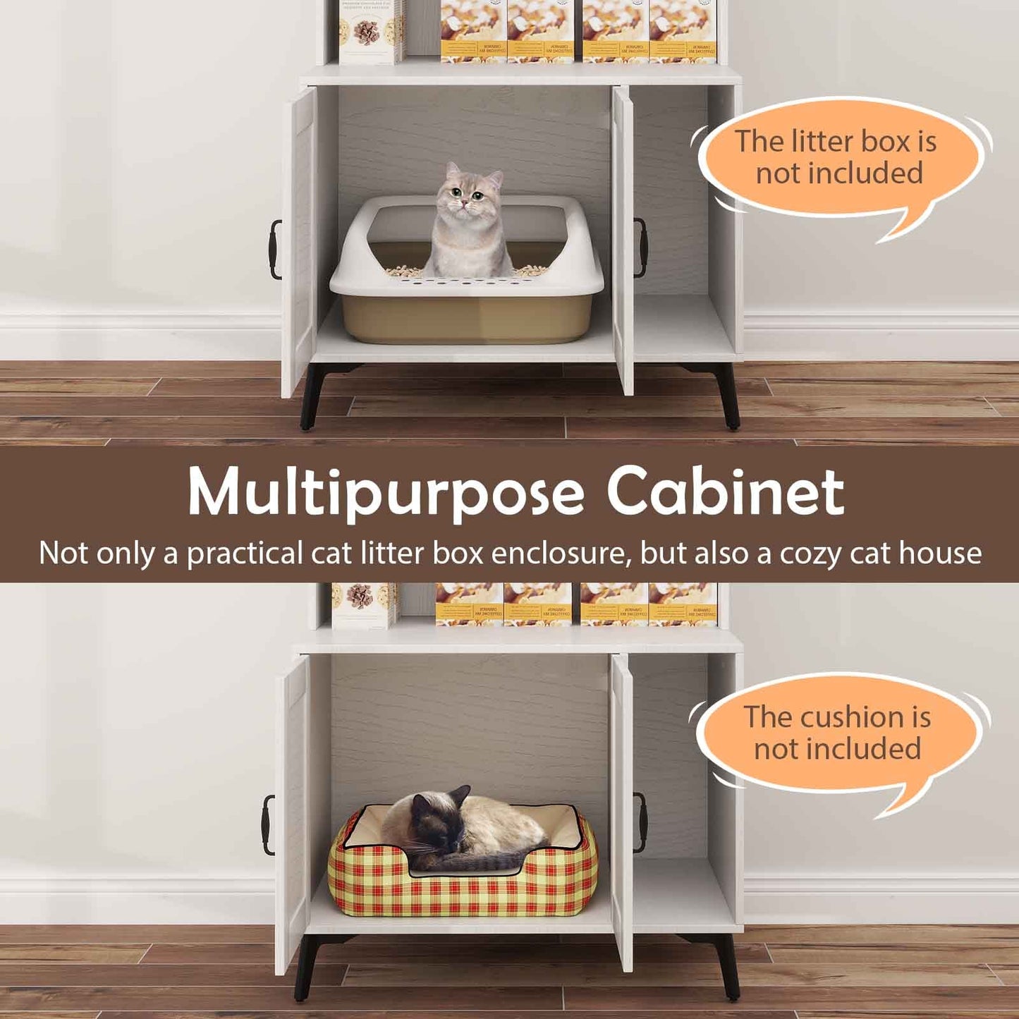 Large Cat Litter Box Enclosure with Display Storage Shelves-White