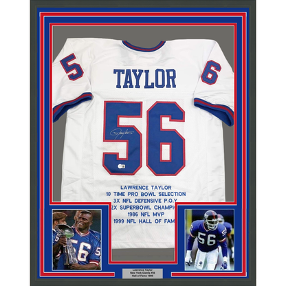 Framed Autographed/Signed Lawrence Taylor 35x39 New York White Stat Football Jersey Beckett BAS COA
