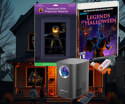 HoliScapes® USB Projector Kit - Legends of Halloween + Projector + 48" x 72" Projection Screen