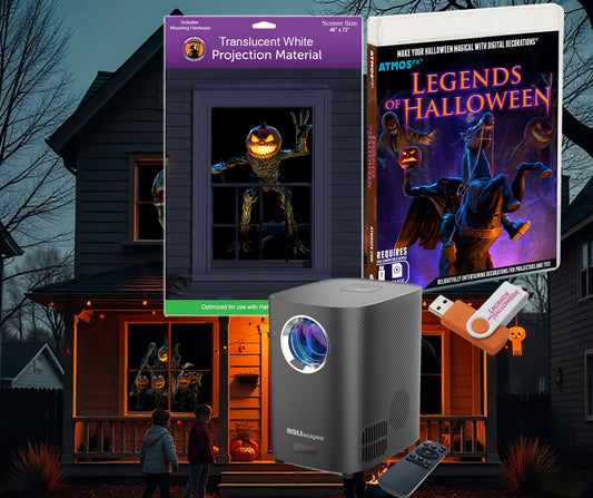 HoliScapes® USB Projector Kit - Legends of Halloween + Projector + 48" x 72" Projection Screen