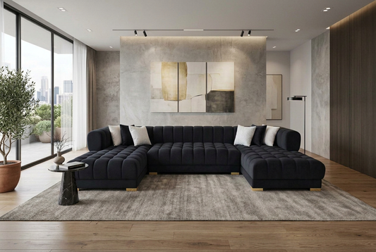 Lipa Black Velvet Double Chaise "U" Shape Sectional Sofa