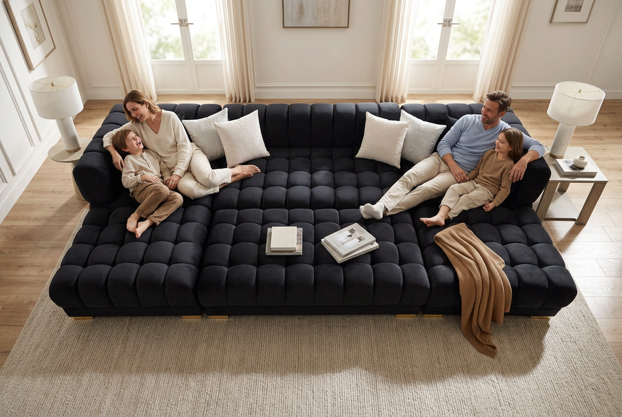 Lipa Black Velvet Double Chaise "U" Shape Sectional Sofa