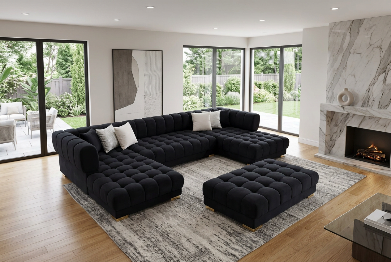 Lipa Black Velvet Double Chaise "U" Shape Sectional Sofa
