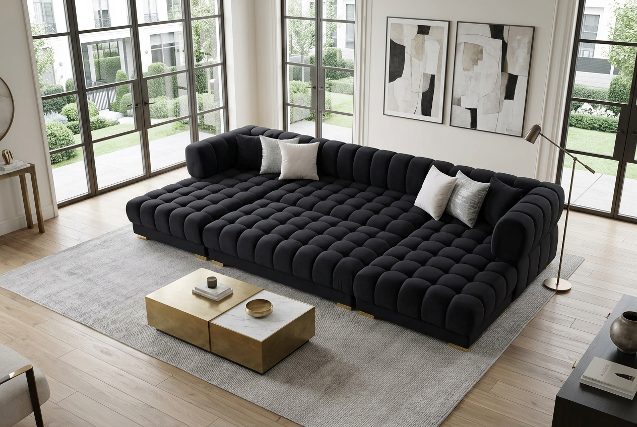 Lipa Black Velvet Double Chaise "U" Shape Sectional Sofa