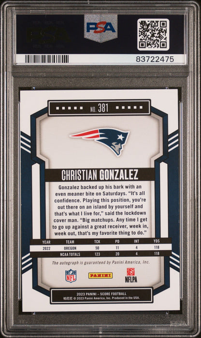 Graded 2023 Panini Score Christian Gonzalez #381 Autograph Rookie RC Football Card PSA 10 Gem Mint