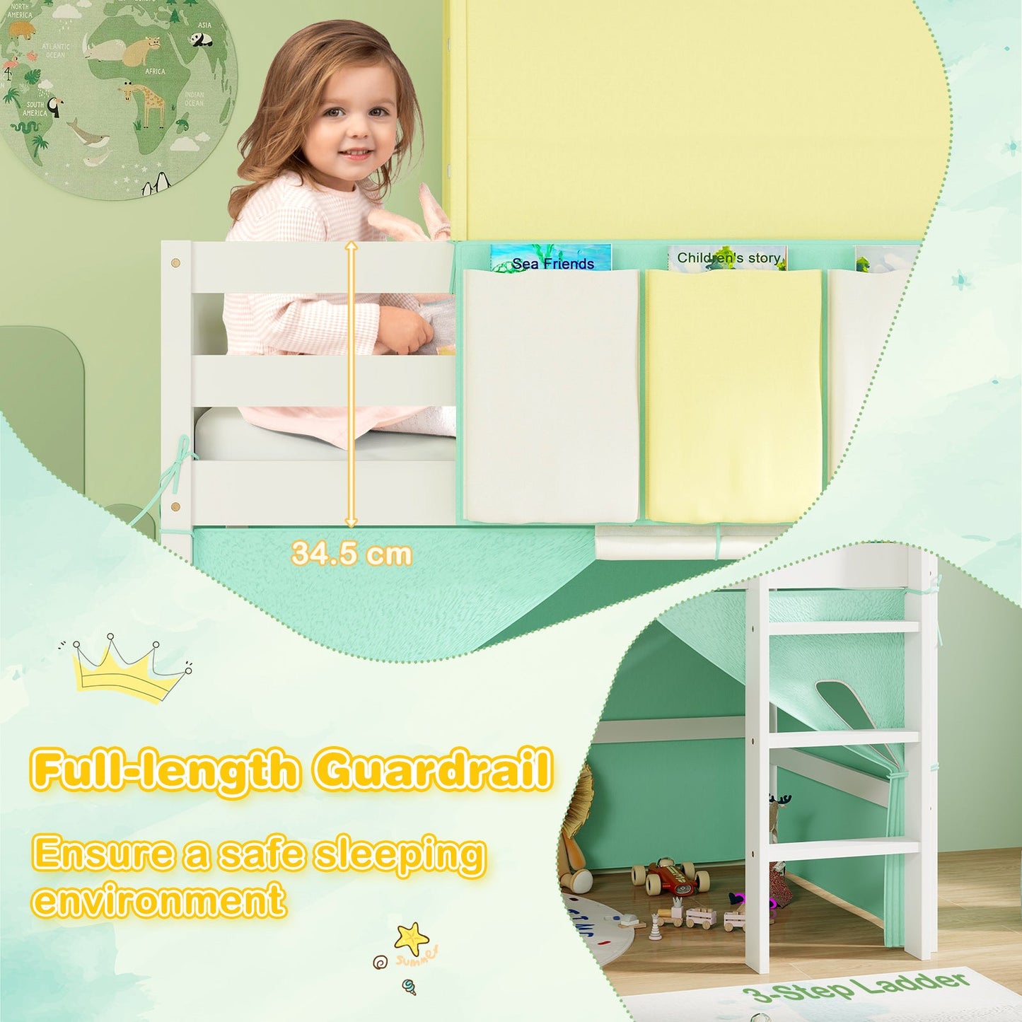 Twin Size Loft Bed Playhouse Bed Frame with Tower Tent and 3 Storage Pockets-Turquoise