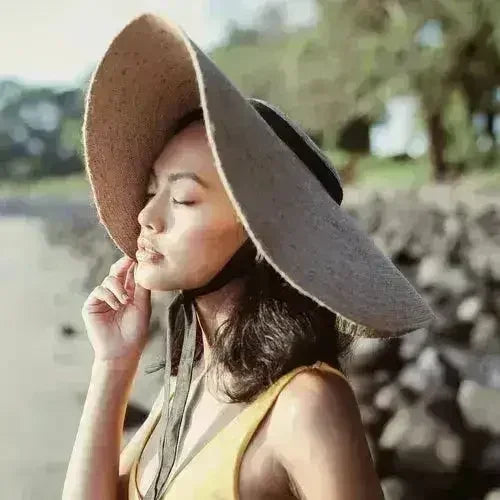 Wide Brim Jute Hat - Foldable Bali Straw Hat - Adjustable Black Strap
