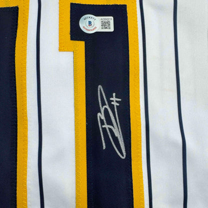 Autographed/Signed Jackson Chourio Milwaukee Pinstripe Baseball Jersey Beckett BAS COA