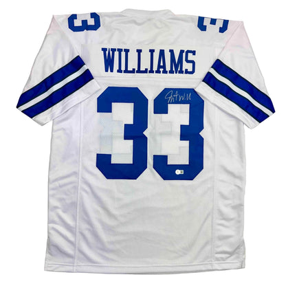 Autographed/Signed Javonte Williams Dallas White Football Jersey Beckett BAS COA