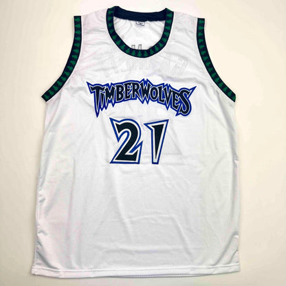 Autographed/Signed Kevin Garnett Minnesota White Basketball Jersey JSA COA