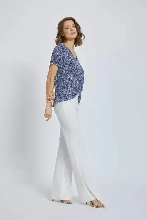 V-Neck Wrap Front Blouse - Knot Detail Short Sleeve Top for Women | Femstylo